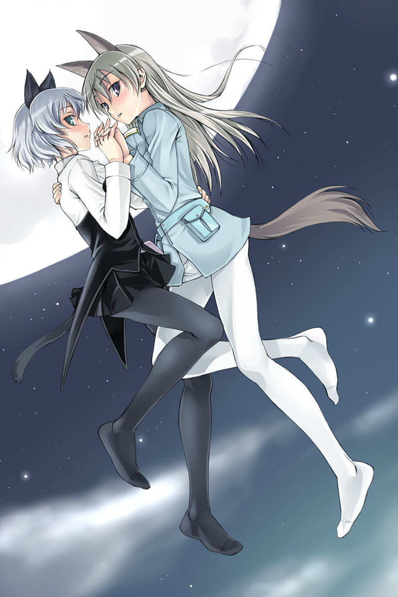 satou atsuki, eila ilmatar juutilainen, sanya v. litvyak, strike witches, world witches series, silver hair, highres, 00s, 2girls, animal ears, black pantyhose, blue eyes, feet, green eyes, holding hands, long hair, moon, multiple girls, pantyhose, star (symbol), tail, white pantyhose