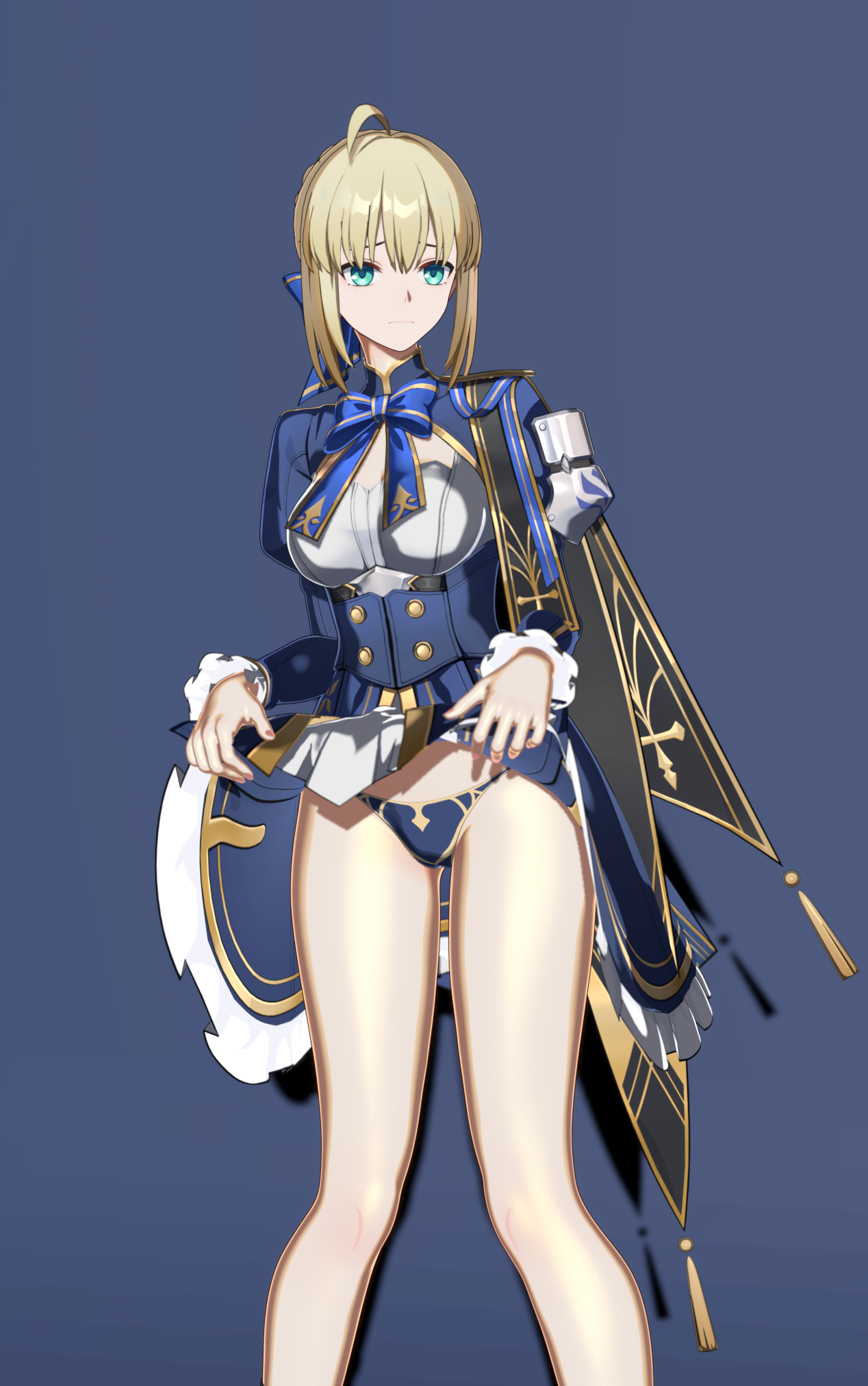 artoria pendragon (fate), saber (fate), fate/stay night, fate (series), honkai: star rail, honkai (series), commentary, english commentary, highres, 1girl, 3d, blonde hair, braid, braided bun, breasts, dress, green eyes, hair bun, hair ornament, panties, pantyshot, short hair, simple background, solo, underwear, user zryx3582