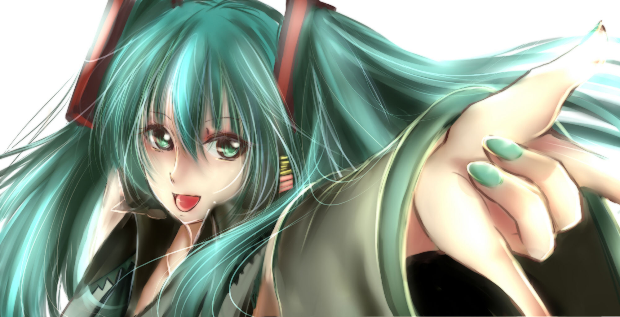 hatsune miku, yuki hikari, vocaloid, bad id, bad pixiv id, highres, aqua hair, detached sleeves, green eyes, headset, solo, twintails