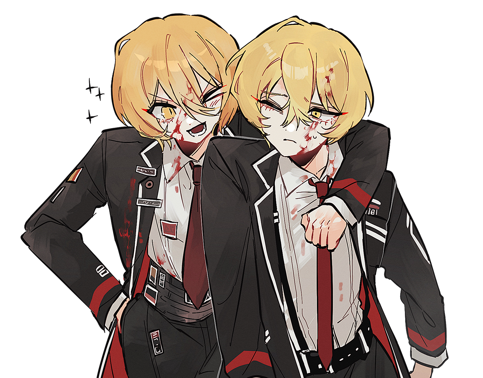 allsu official, don quixote (project moon), sinclair (project moon), limbus company, project moon, commentary request, highres, korean commentary, 1boy, 1girl, arm around neck, belt, black belt, black jacket, black pants, blonde hair, blood, blood in hair, blood on clothes, blood on face, clenched hand, closed mouth, collared shirt, cowboy shot, hair between eyes, hand in pocket, jacket, lapels, long sleeves, looking at another, necktie, number print, one eye closed, open clothes, open jacket, open mouth, orange eyes, orange hair, pants, red necktie, shirt, short hair, simple background, smile, sparkle, standing, suspenders, sweatdrop, teeth, white background, white shirt, yellow eyes