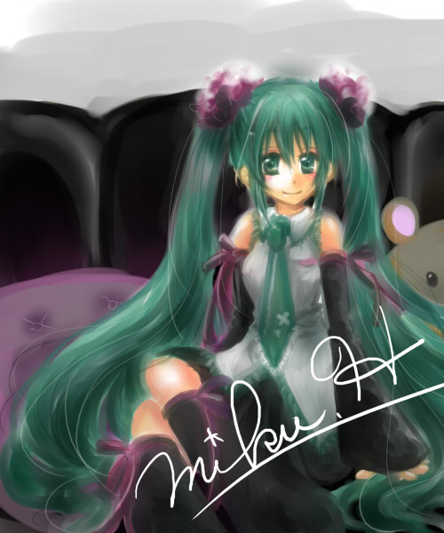 kusaki yukiya, hatsune miku, vocaloid, bad id, bad pixiv id, aqua eyes, aqua hair, detached sleeves, long hair, necktie, ribbon, sitting, skirt, solo, twintails, very long hair