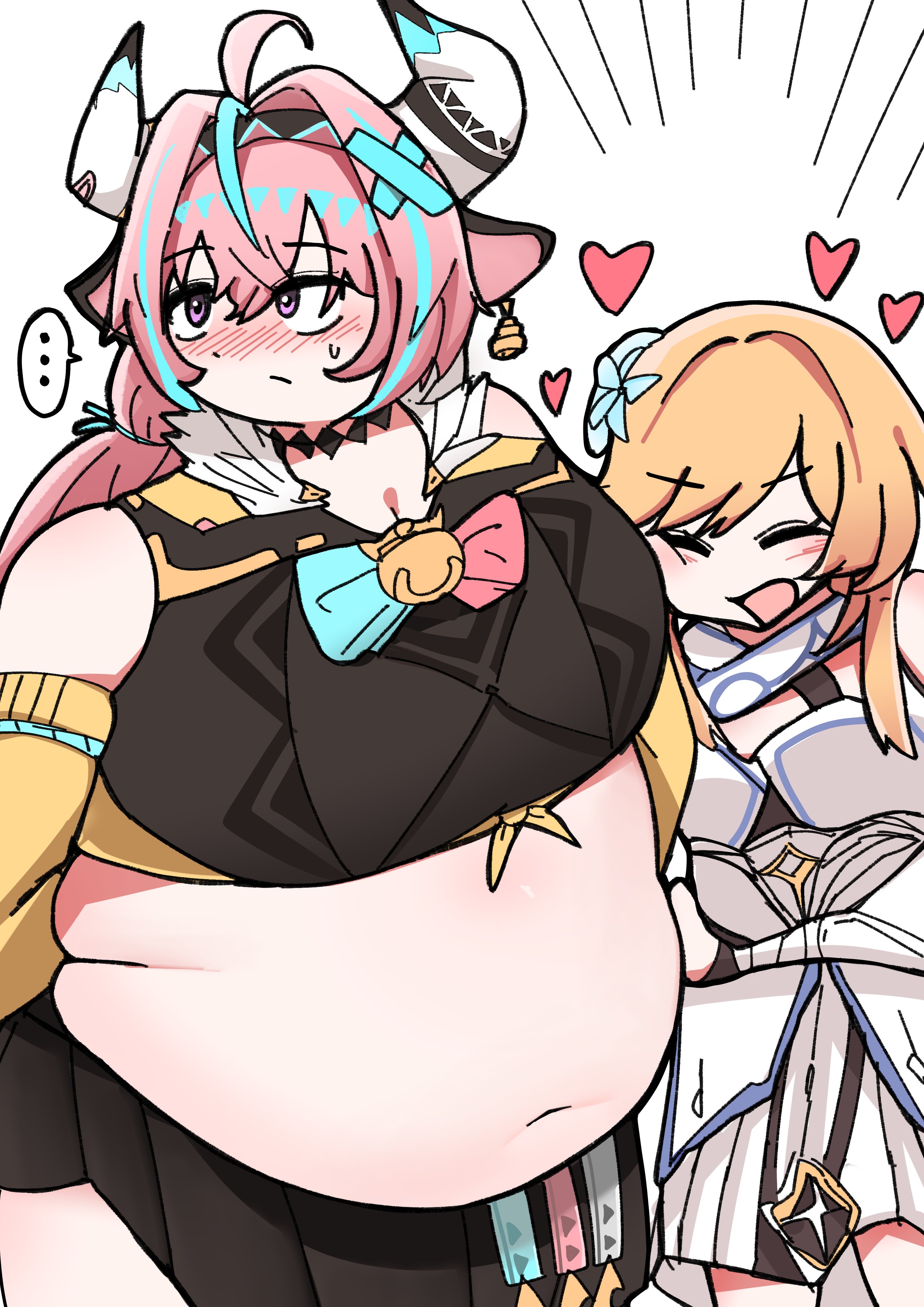 kagema, lumine (genshin impact), varesa (genshin impact), genshin impact, …, 2girls, animal ears, aqua hair, bandaid, bandaid hair ornament, bell, bell earrings, belly, black choker, black shirt, black skirt, blonde hair, blush, braid, breasts, choker, cleavage, closed eyes, crop top, detached sleeves, dress, earrings, face against breast, fat, fat woman, flower, flower on head, hair ornament, heart, horn ornament, horns, jewelry, long hair, looking to the side, medium breasts, multicolored hair, multiple girls, navel, pink hair, plump, purple eyes, shirt, short hair, sidelocks, skirt, sleeveless, sleeveless shirt, small breasts, spoken ellipsis, standing, sweat, twin braids, white background, white dress