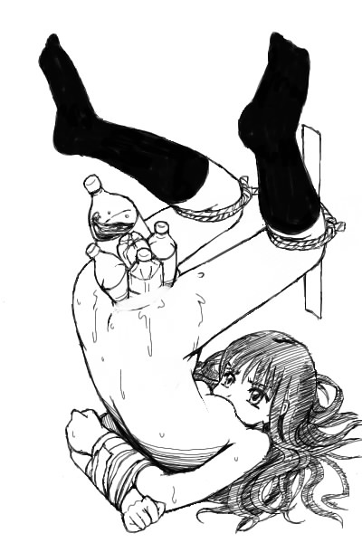 mayonnaise (ringo gakuen), 1girl, arms behind back, bar censor, bdsm, bent over, bondage, bottle, bottle insertion, bound, breasts, censored, feet above head, female focus, flat chest, full body, greyscale, kneehighs, large insertion, legs up, long hair, mayonnaise, monochrome, multiple bottles, multiple insertions, no shoes, nude, object insertion, pointless censoring, pussy, pussy juice, rope, simple background, small breasts, socks, solo, sweat, tape, tape bondage, upside-down, vaginal, white background