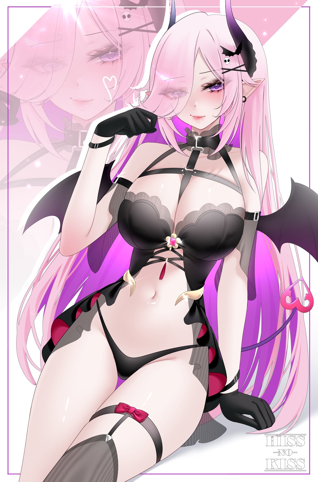 hissnokiss, lykamie, indie virtual youtuber, 1girl, 2025, artist name, belly, bikini, black bikini, black gloves, demon girl, demon tail, gloves, heart, heart tail, pink hair, pointy ears, purple eyes, sitting, swimsuit, tail, vampire, white background