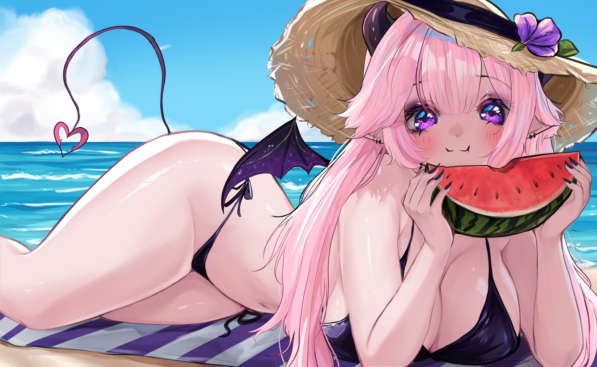 angstowo, lykamie, indie virtual youtuber, 2025, :3, beach, bikini, black bikini, black nails, black wings, blanket, blush, breasts, closed mouth, demon tail, demon wings, food, fruit, hat, heart, heart tail, holding, holding food, large breasts, lying, on side, pink hair, prone, purple eyes, smile, solo, sun hat, swimsuit, tail, water, watermelon, wings