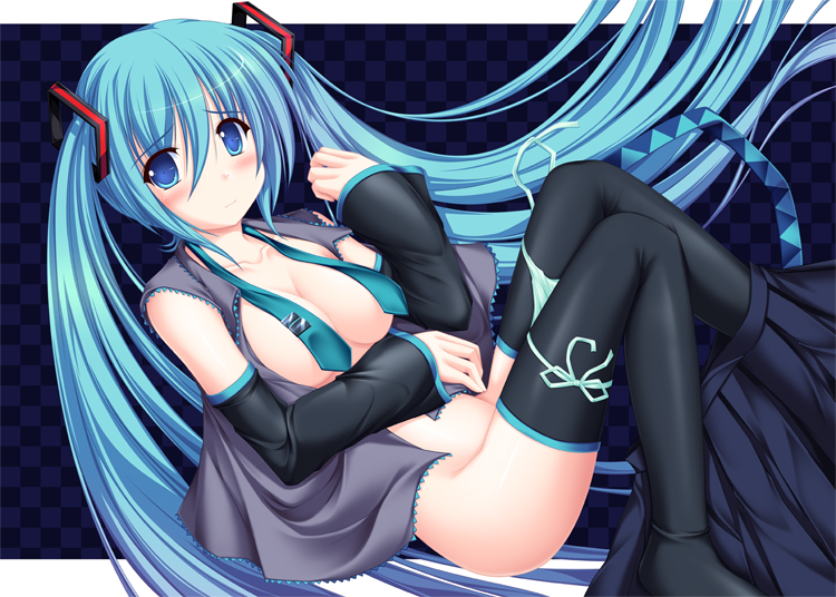 kageira, hatsune miku, vocaloid, 1girl, blue eyes, blue hair, blush, breasts, censored, convenient censoring, convenient leg, detached sleeves, female focus, green panties, long hair, matching hair/eyes, medium breasts, necktie, no bra, open clothes, open shirt, panties, panty pull, shirt, side-tie panties, skirt, skirt around one leg, solo, thighhighs, twintails, underwear, undressing, untied panties, very long hair