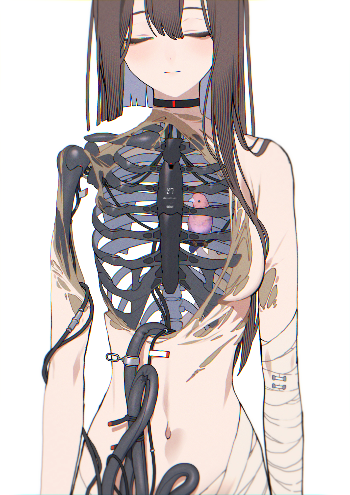 zenmaibook, original, highres, 1girl, android, arms at sides, asymmetrical hair, bandages, bird, breasts, brown hair, cable, closed eyes, closed mouth, damaged, long hair, mechabare, medium breasts, navel, ribs, skeleton, solo, torn skin, tube, white background