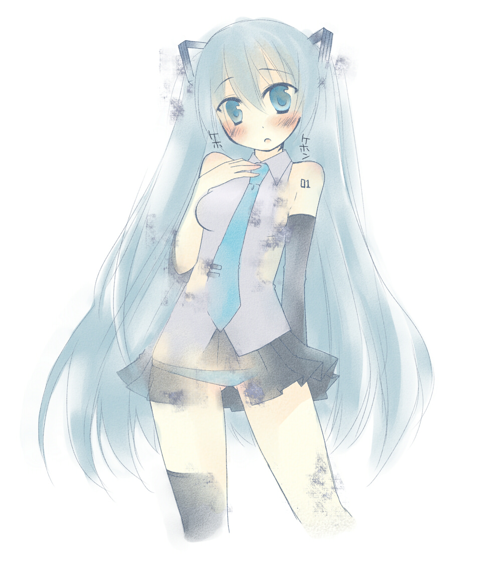 toriumi itachi, hatsune miku, vocaloid, bad id, bad pixiv id, aqua eyes, aqua hair, asymmetrical clothes, blush, detached sleeves, headset, long hair, necktie, panties, see-through clothes, single thighhigh, skirt, solo, thighhighs, twintails, underwear, very long hair
