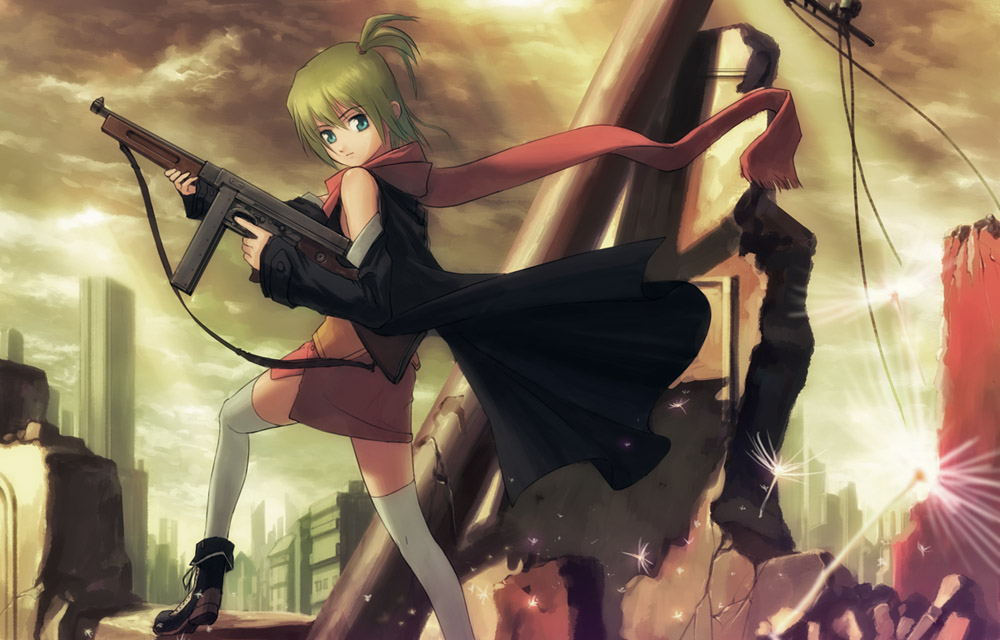 zhenlin, original, bad id, bad pixiv id, 1girl, blue eyes, cape, cloud, dandelion seed, female focus, gun, outdoors, ruins, scarf, short hair, short twintails, skirt, sky, solo, submachine gun, thighhighs, thompson submachine gun, twintails, weapon, zettai ryouiki