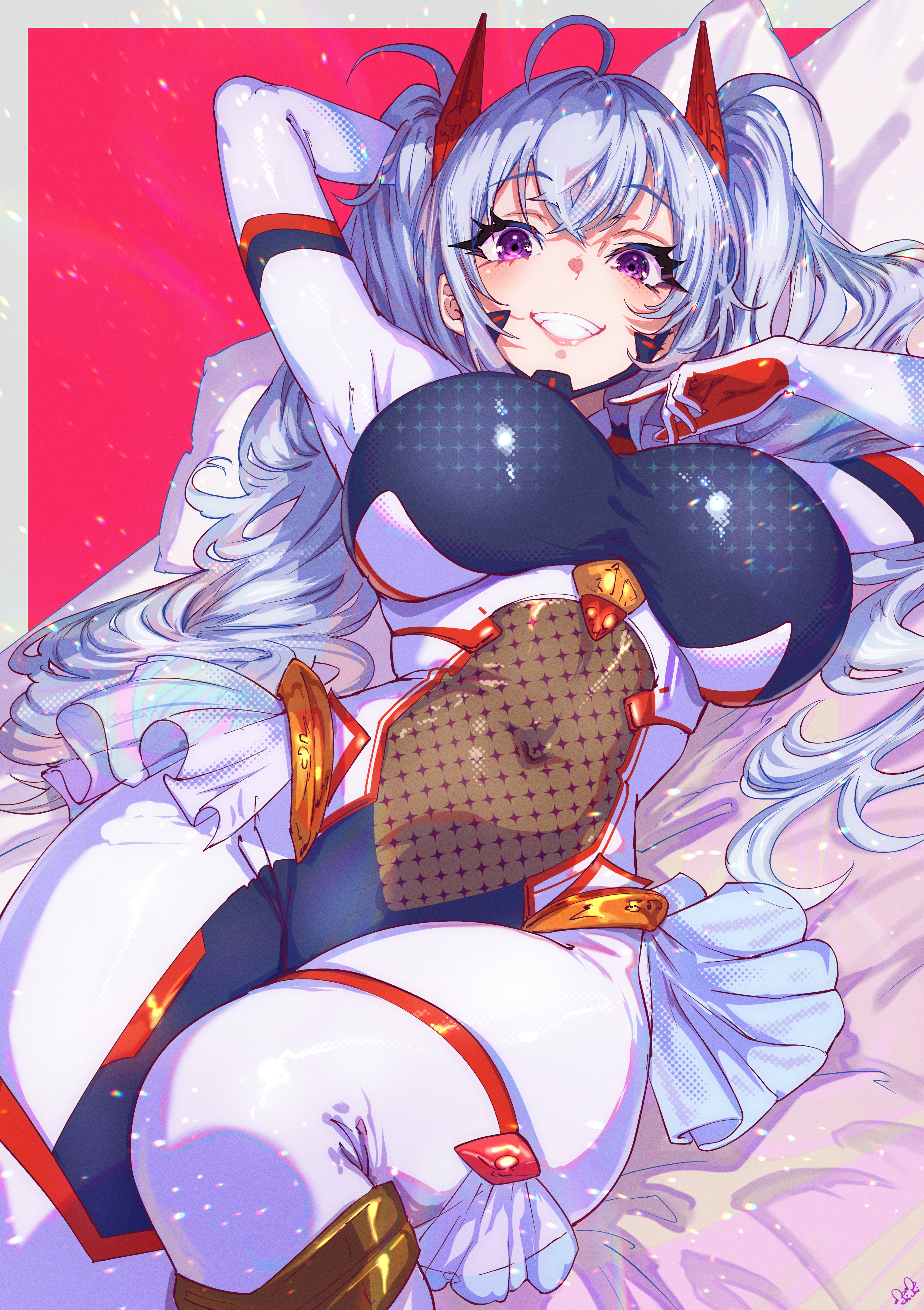 momoyama tits, original, absurdres, commentary request, highres, partial commentary, 1girl, blue hair, bodysuit, border, breasts, covered navel, large breasts, long hair, navel, purple eyes, smile, solo, twintails, white border