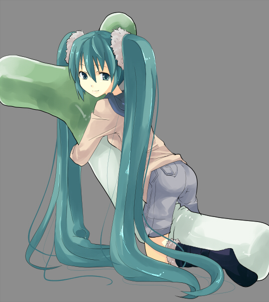 aputomu77, hatsune miku, vocaloid, 1girl, aqua eyes, aqua hair, female focus, long hair, skirt, solo, spring onion, twintails, very long hair