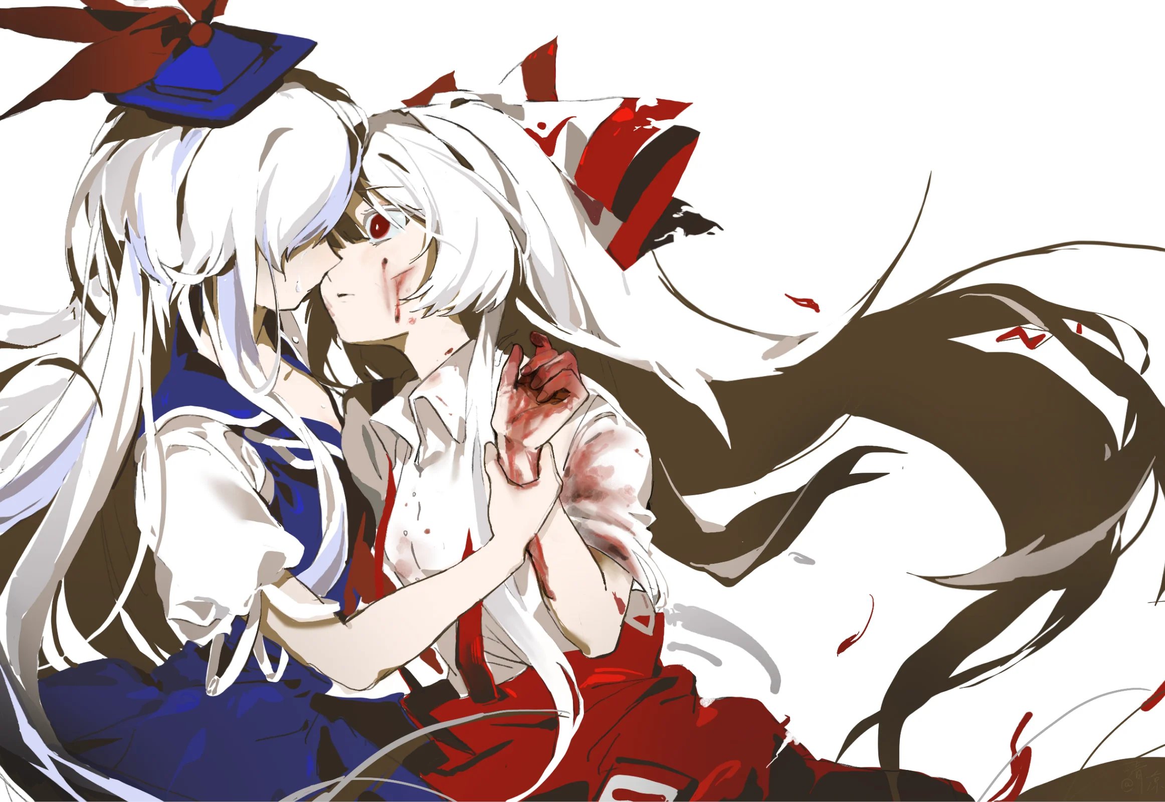 youshouhaoxianzhe, fujiwara no mokou, kamishirasawa keine, touhou, highres, 2girls, blood, blood on clothes, blood on face, blood on hands, blue dress, blue hat, bow, collared shirt, dress, grey hair, hair bow, hat, holding another's wrist, long hair, multicolored hair, multiple girls, pants, purple hair, red eyes, red pants, shirt, suspenders, two-tone hair, very long hair, white shirt