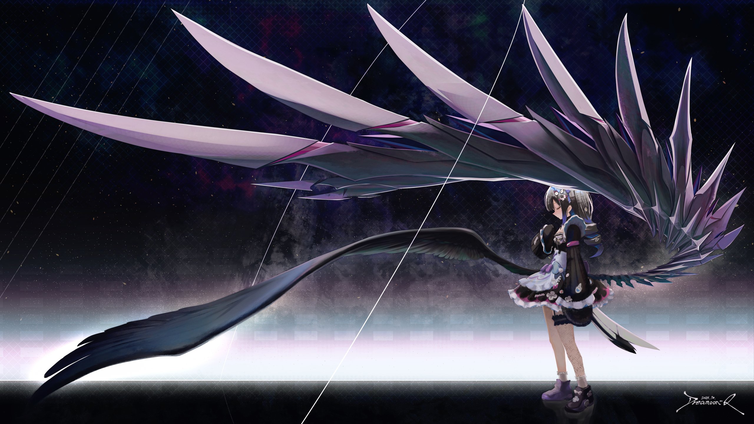 dreamoon-q, enna alouette, nijisanji, nijisanji en, highres, 1girl, artist name, black hair, decora, drill hair, enna alouette (decora), fishnet thighhighs, fishnets, from side, full body, garter straps, hand on own chest, low wings, maid, mittens, night, night sky, oversized wings, shoes, signature, single thighhigh, sky, sneakers, solo, star (sky), starry sky, thighhighs, virtual youtuber, wings