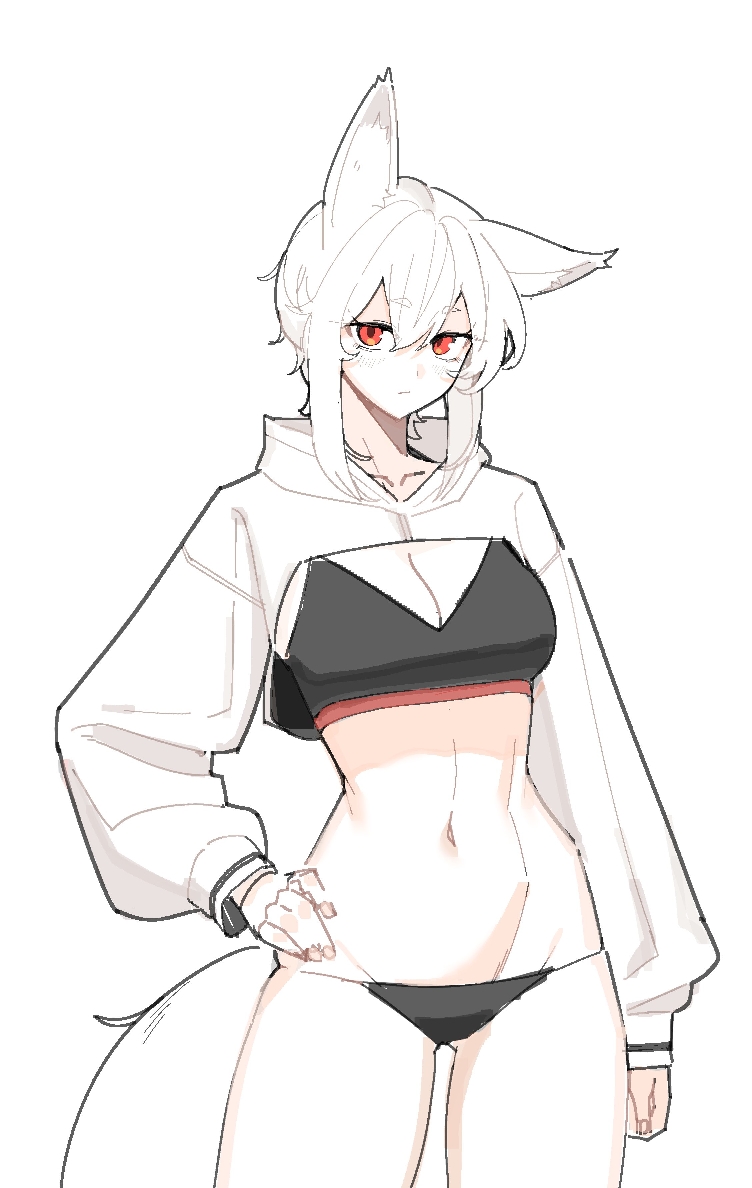 1641 (chfhrtor94), inubashiri momiji, touhou, 1girl, animal ears, black bra, black panties, blush, bra, breasts, cleavage, closed mouth, expressionless, hair between eyes, hand on own hip, hood, hoodie, large breasts, long sleeves, looking at viewer, navel, open clothes, open hoodie, panties, short hair, solo, sports bra, tail, thighs, underwear, white background, white hoodie, wolf ears, wolf girl, wolf tail