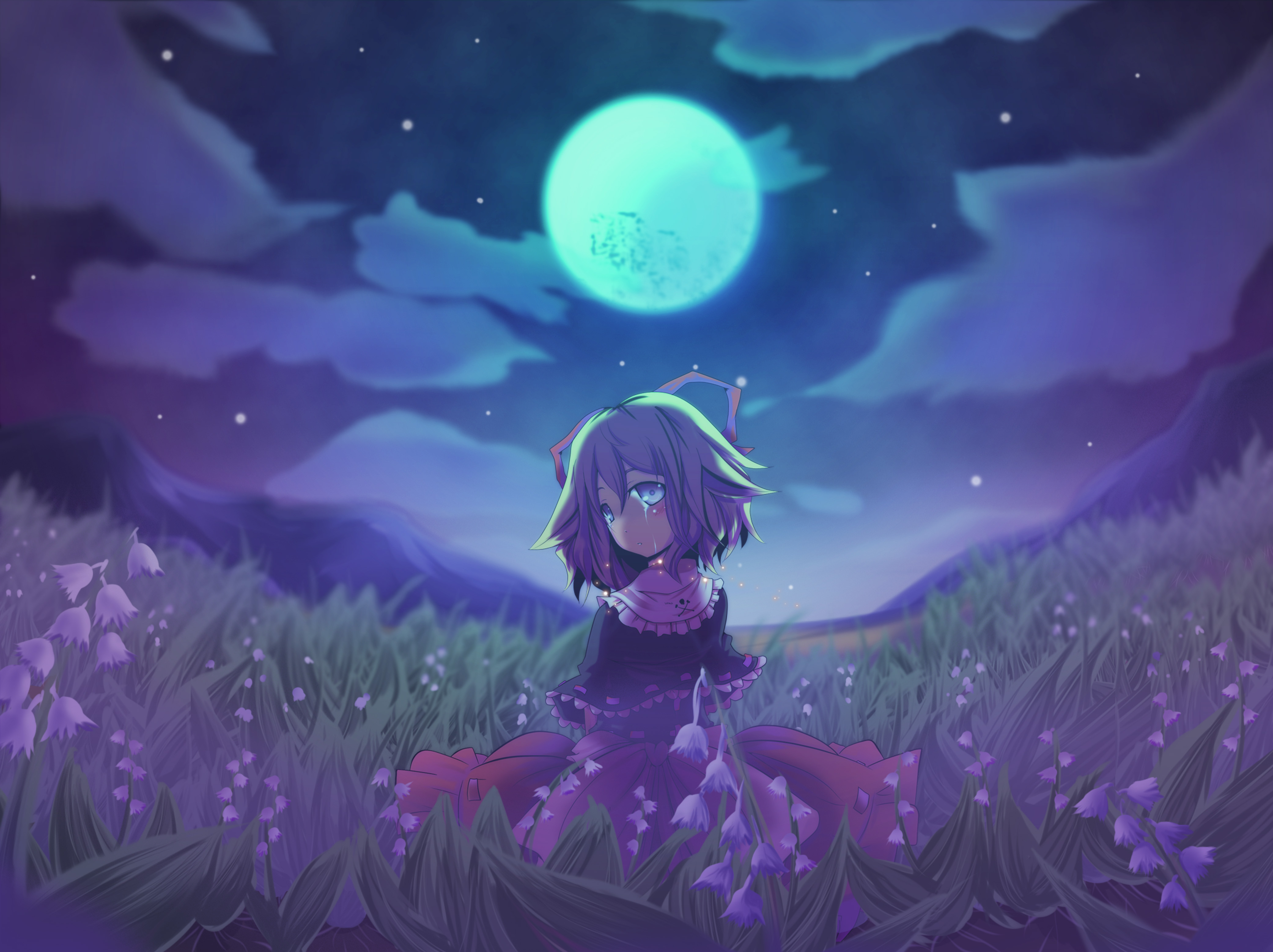 mito (calcomer), medicine melancholy, touhou, absurdres, highres, 1girl, blonde hair, blue eyes, capelet, female focus, field, flower, flower field, from behind, full moon, hair ribbon, lily of the valley, looking back, moon, night, ribbon, short hair, solo, standing, star (sky), tears