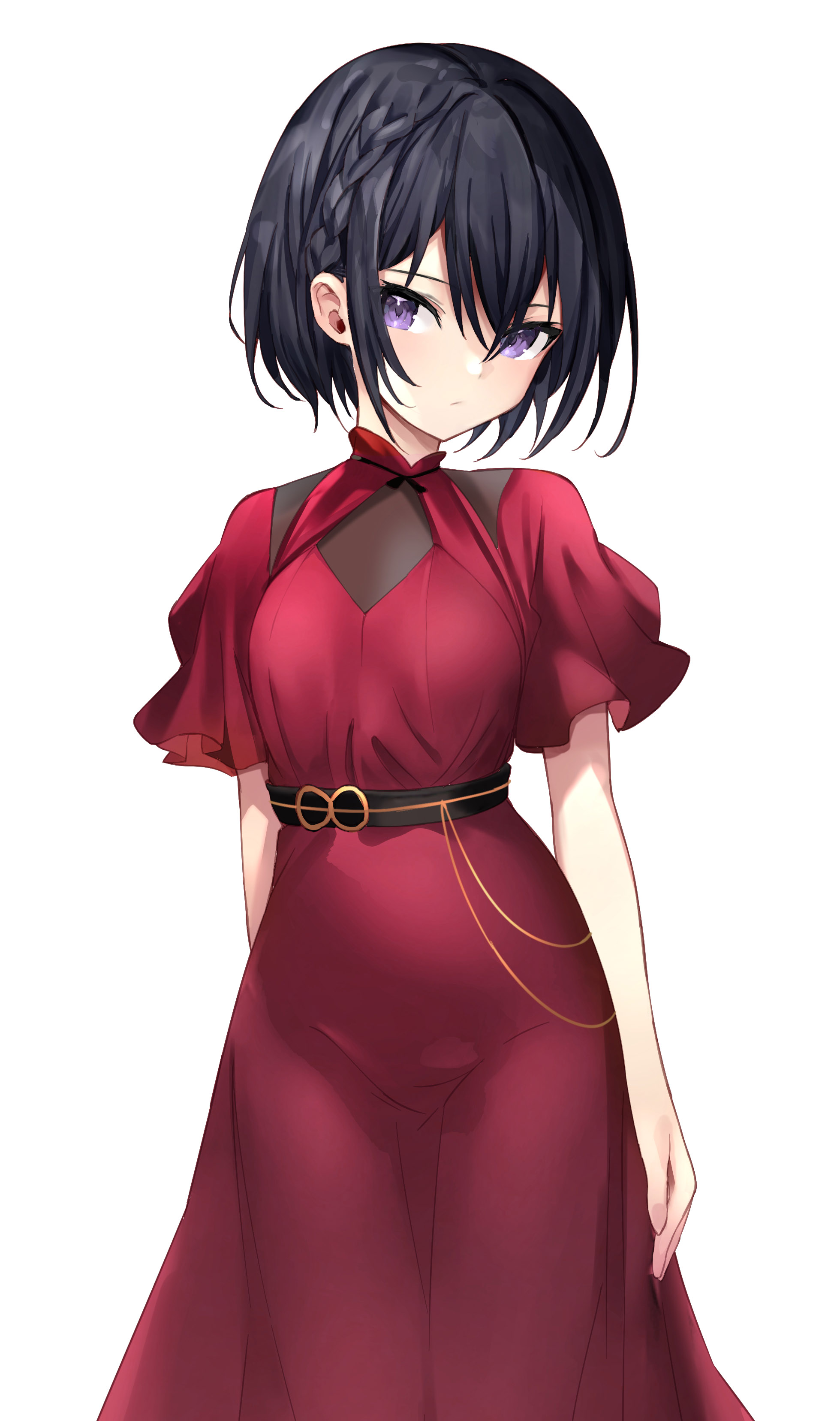 haishiki, absurdres, commentary request, highres, 1girl, :/, belly chain, black hair, braid, breasts, danshi kinsei game sekai de ore ga yarubeki yuiitsu no koto yuri no ma ni hasamaru otoko to shite tensei shite shimaimashita, dress, hizumi ruri, jewelry, medium breasts, purple eyes, red dress, short hair, solo, white background