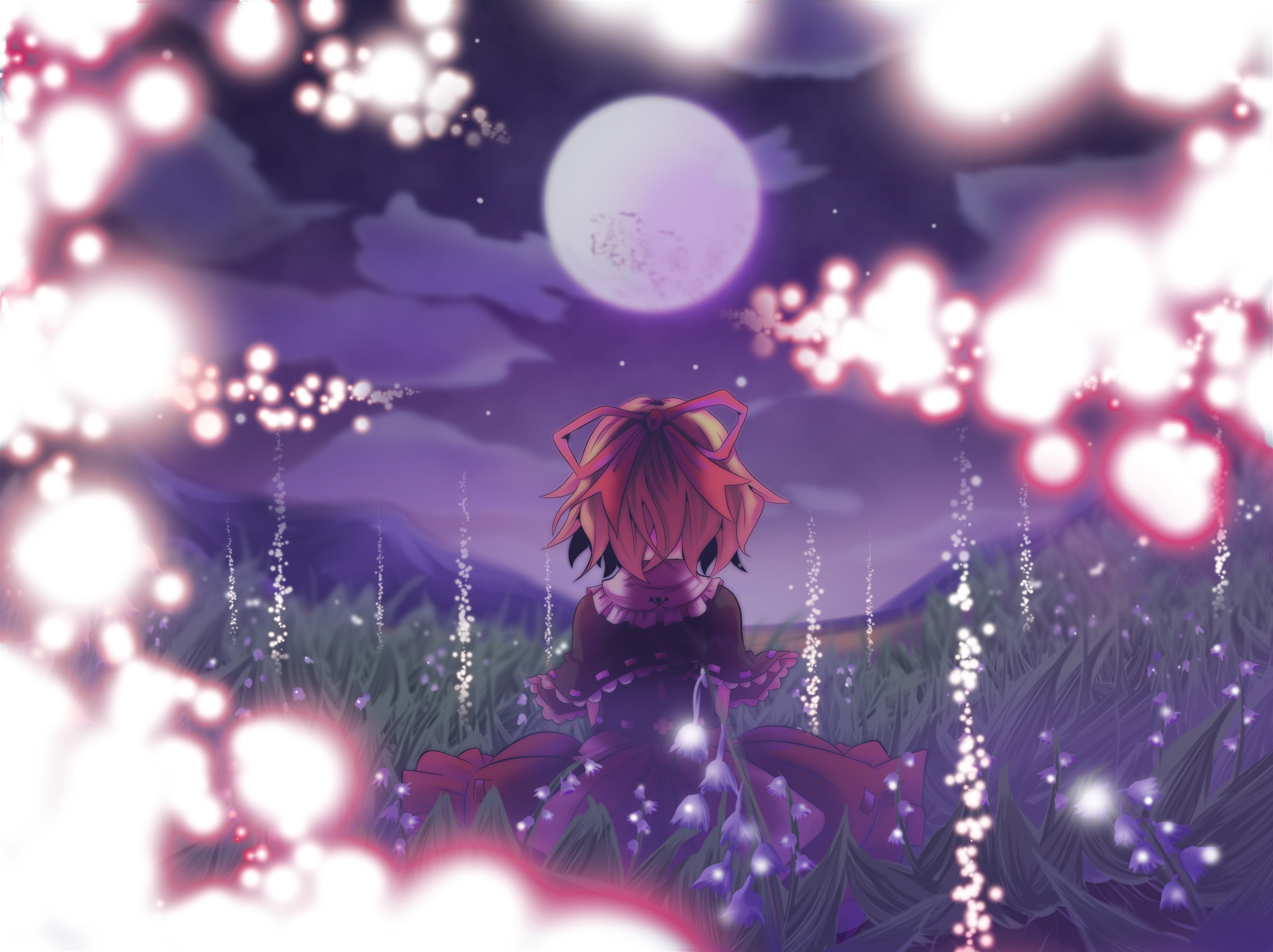 mito (calcomer), medicine melancholy, touhou, absurdres, highres, 1girl, blonde hair, capelet, female focus, field, flower, flower field, from behind, full moon, glowing, hair ribbon, lily of the valley, moon, ribbon, short hair, solo, standing, star (sky)