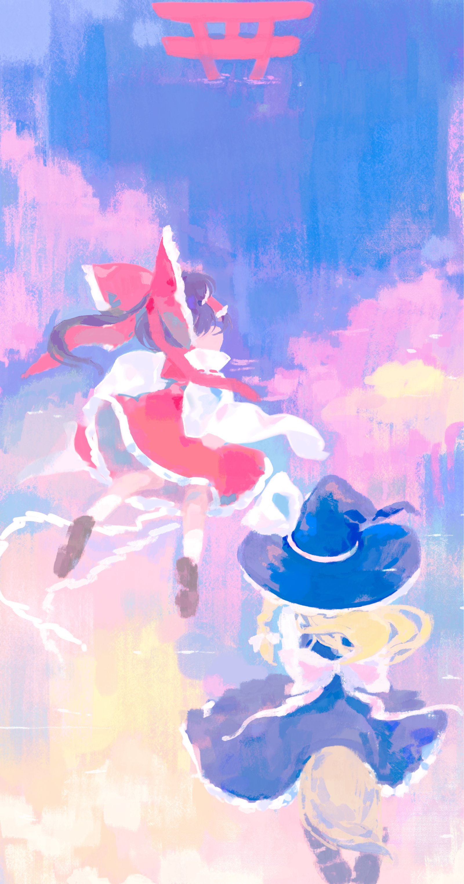 youshouhaoxianzhe, hakurei reimu, kirisame marisa, touhou, absurdres, highres, 2girls, black hat, black skirt, blonde hair, bow, broom, broom riding, brown hair, brown shoes, detached sleeves, facing away, frilled bow, frilled hair tubes, frilled skirt, frills, from behind, hair bow, hair tubes, hat, hat bow, long hair, multiple girls, red bow, red skirt, ribbon-trimmed sleeves, ribbon trim, shoes, skirt, skirt set, socks, torii, white bow, white socks, witch hat