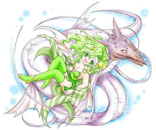 utamaruoekaki, leviathan (final fantasy), rydia (adult) (ff4), rydia (ff4), final fantasy, final fantasy iv, striped, 1990s (style), 1girl, :d, aged up, boots, breasts, cleavage, dragon, green boots, green hair, leotard, medium breasts, open mouth, retro artstyle, smile, thighhighs