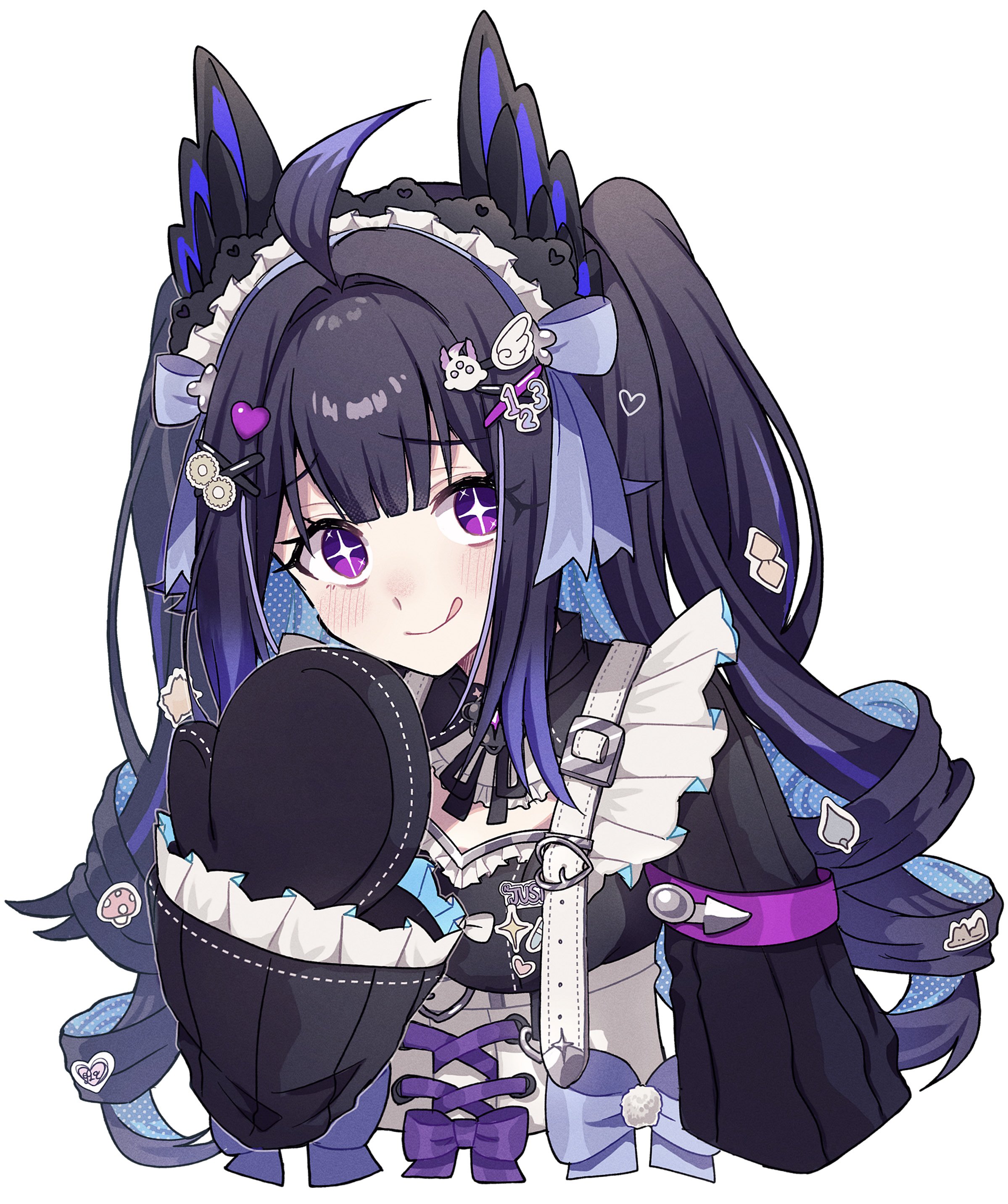 sekka (sekka1202), enna alouette, nijisanji, nijisanji en, absurdres, highres, 1girl, :q, ahoge, blue hair, blush, colored inner hair, decora, enna alouette (decora), head wings, long hair, looking at viewer, maid, maid headdress, mittens, multicolored hair, nose blush, purple hair, simple background, solo, sparkling eyes, streaked hair, tongue, tongue out, two side up, upper body, virtual youtuber, white background, wings