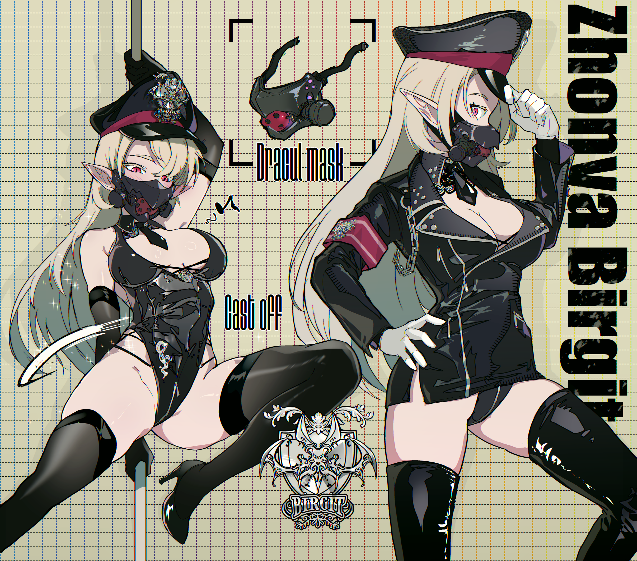 ryuu tou, original, highres, 1girl, adjusting clothes, adjusting headwear, armband, black jacket, black necktie, blonde hair, breasts, elbow gloves, gloves, hand on own hip, hat, high heels, jacket, large breasts, leather, leather jacket, leotard, long hair, looking at viewer, mask, military hat, mouth mask, musical note, necktie, orange eyes, peaked cap, pole dancing, red armband, red eyes, respirator, slit pupils, spoken musical note, thighhighs, vampire, white gloves