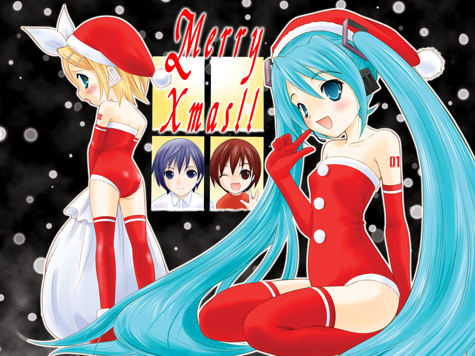 takeshita kenjirou, hatsune miku, kagamine rin, kaito (vocaloid), meiko (vocaloid), vocaloid, highres, 1boy, 3girls, aqua eyes, aqua hair, bag, blonde hair, blue eyes, blue hair, blush, brown eyes, brown hair, christmas, gloves, headset, long hair, multiple girls, red gloves, sack, santa costume, short hair, snow, thighhighs, twintails, very long hair, window