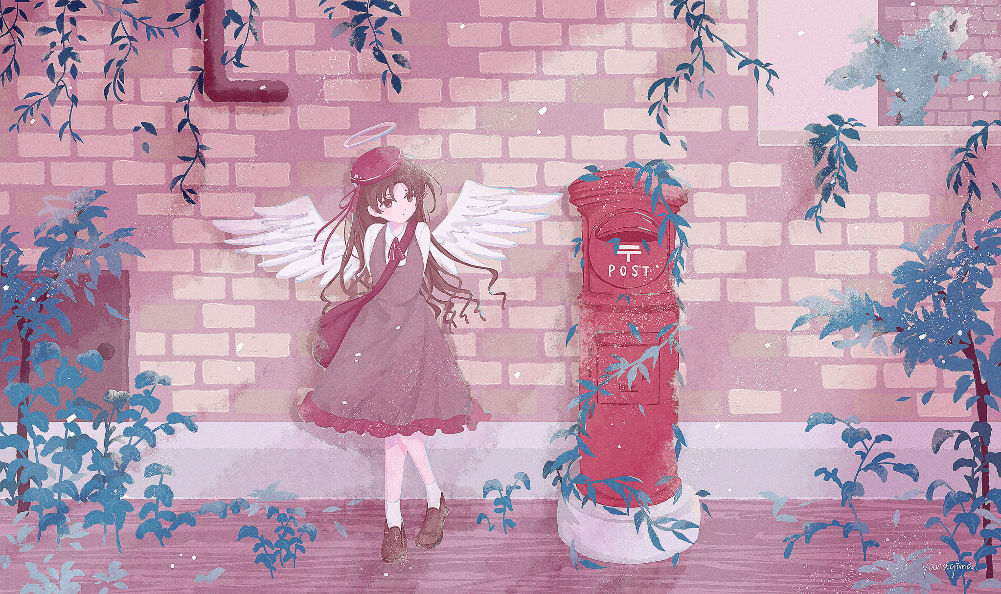 yanagima yu03, original, highres, 1girl, angel, angel wings, ankle socks, arms behind back, bag, beret, brick wall, dress, halo, hat, japanese cylindrical postbox, loafers, long hair, plant, postbox (outgoing mail), shoes, shoulder bag, socks, solo, wavy hair, wings