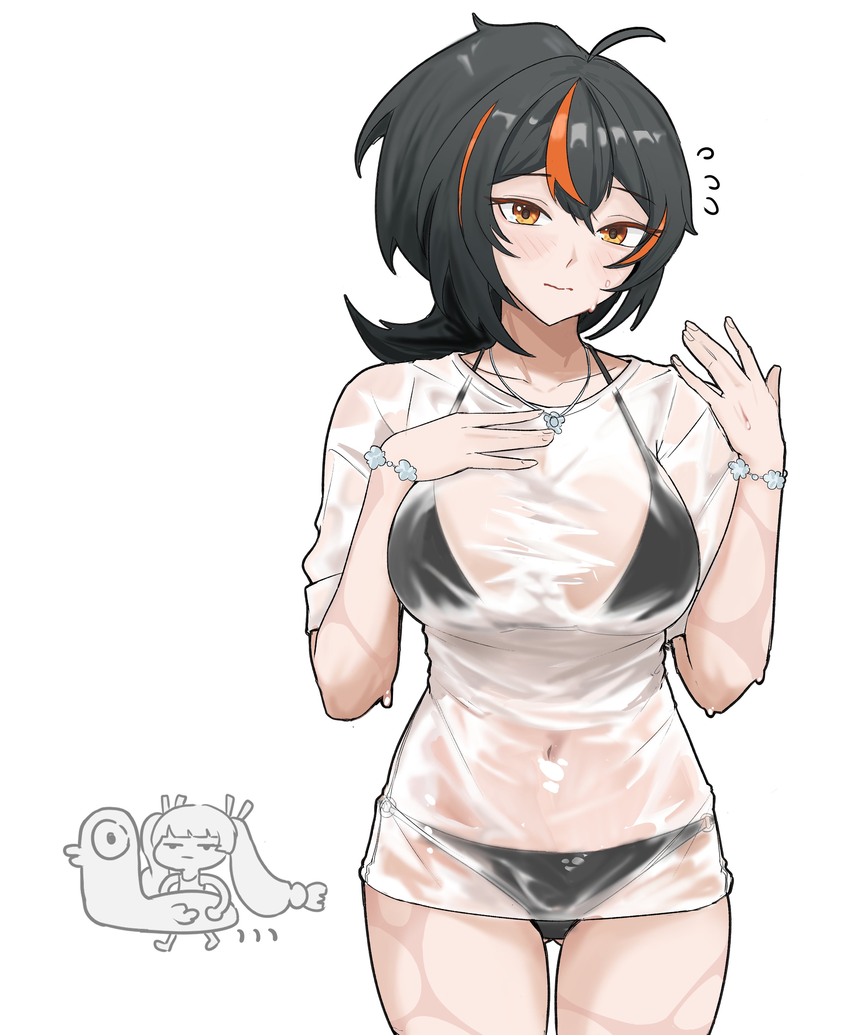 qingyi (zenless zone zero), zhu yuan, zenless zone zero, absurdres, highres, 1girl, ahoge, bikini, bikini under clothes, black bikini, black hair, blush, bracelet, breasts, chibi, chibi inset, covered navel, hands up, jewelry, kurokoi art, large breasts, looking at viewer, multicolored hair, necklace, ponytail, red eyes, red hair, shirt, simple background, solo, streaked hair, swimsuit, wet, wet clothes, wet shirt, white background, white shirt
