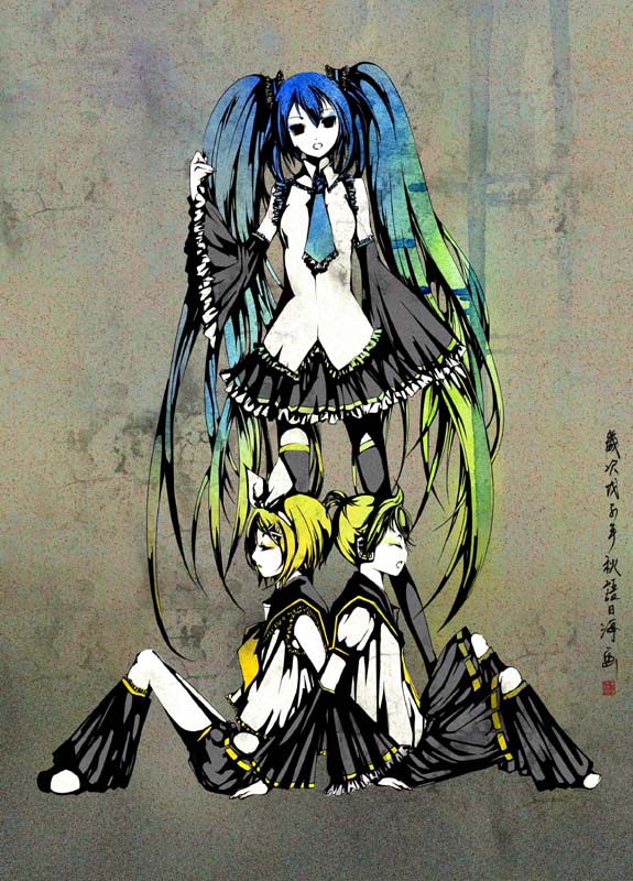 katari biumi, hatsune miku, kagamine len, kagamine rin, vocaloid, blonde hair, blue hair, detached sleeves, long hair, necktie, short hair, skirt, thighhighs, twintails, very long hair