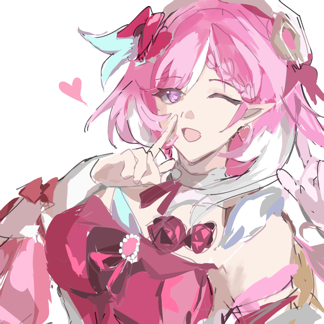 elysia (hi love elf) (honkai impact), elysia (honkai impact), honkai (series), honkai impact 3rd, chinese commentary, commentary request, 1girl, ;o, beret, breasts, dress, elf, hat, heart, large breasts, looking at viewer, one eye closed, pink hair, pointy ears, red dress, shuangpinse, simple background, solo, upper body, white background