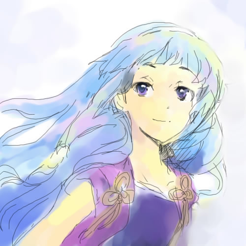 soyoking, nagi, kannagi, silver hair, lowres, 00s, 1girl, bare shoulders, blunt bangs, blush, close-up, collarbone, dress, female focus, purple dress, purple eyes, sleeveless, sleeveless dress, smile, solo, upper body, vest