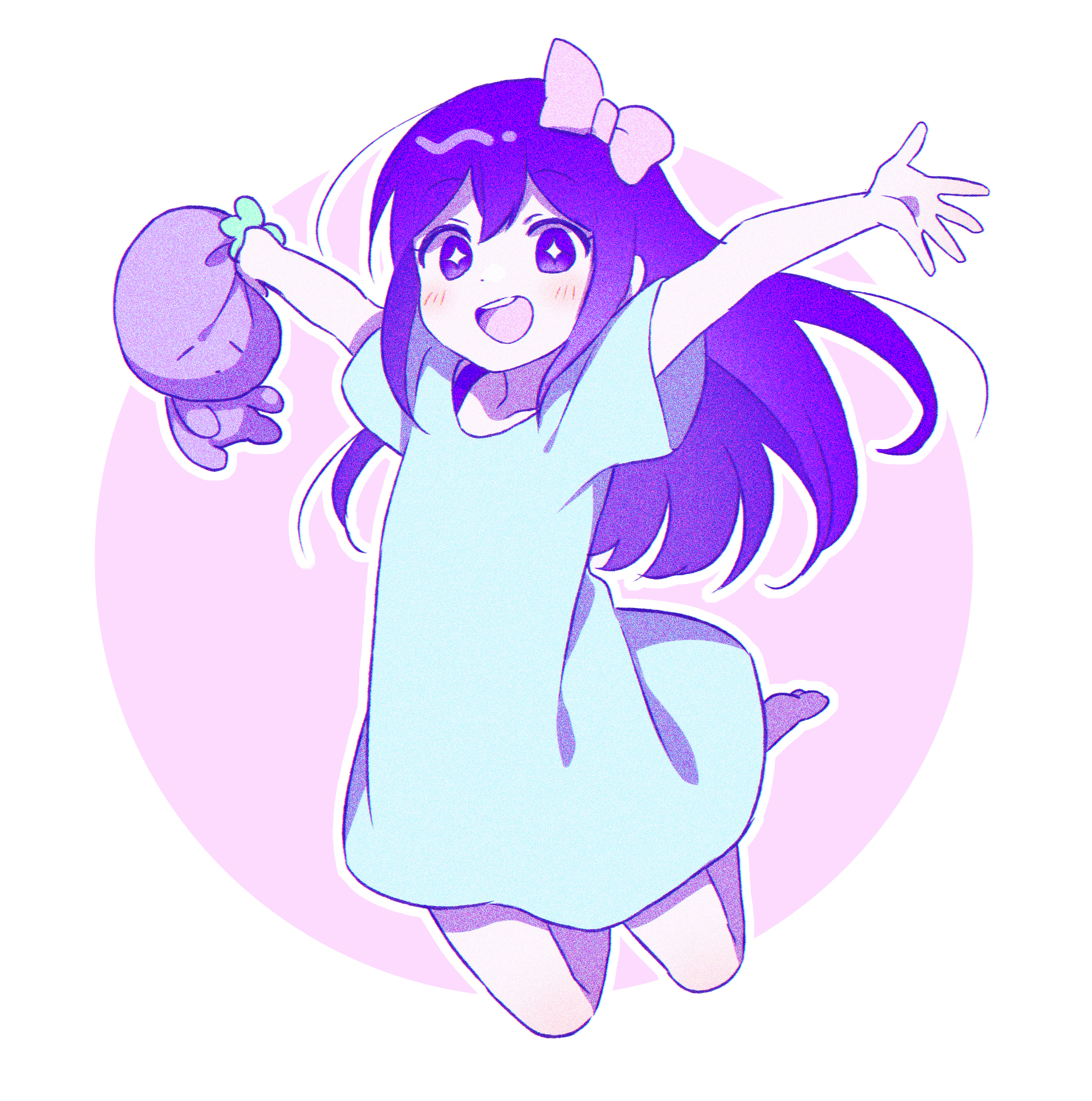 manimani (mani ma), aubrey (headspace) (omori), aubrey (omori), mr. plantegg (omori), omori, absurdres, highres, + +, 1girl, barefoot, blue shirt, blush, bow, colored skin, hair bow, holding, holding stuffed toy, long hair, looking at viewer, open mouth, pink bow, purple eyes, purple hair, shirt, short sleeves, smile, solo, stuffed eggplant, stuffed toy, teeth, upper teeth only, white skin