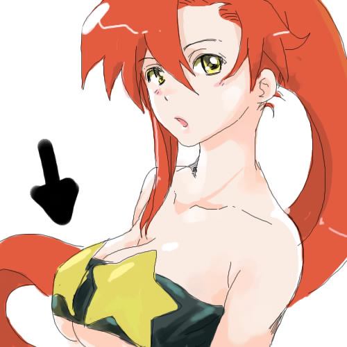 soyoking, space yoko, yoko littner, tengen toppa gurren lagann, lowres, 00s, 1girl, bandeau, breasts, cleavage, female focus, huge breasts, red hair, solo, strapless, tube top