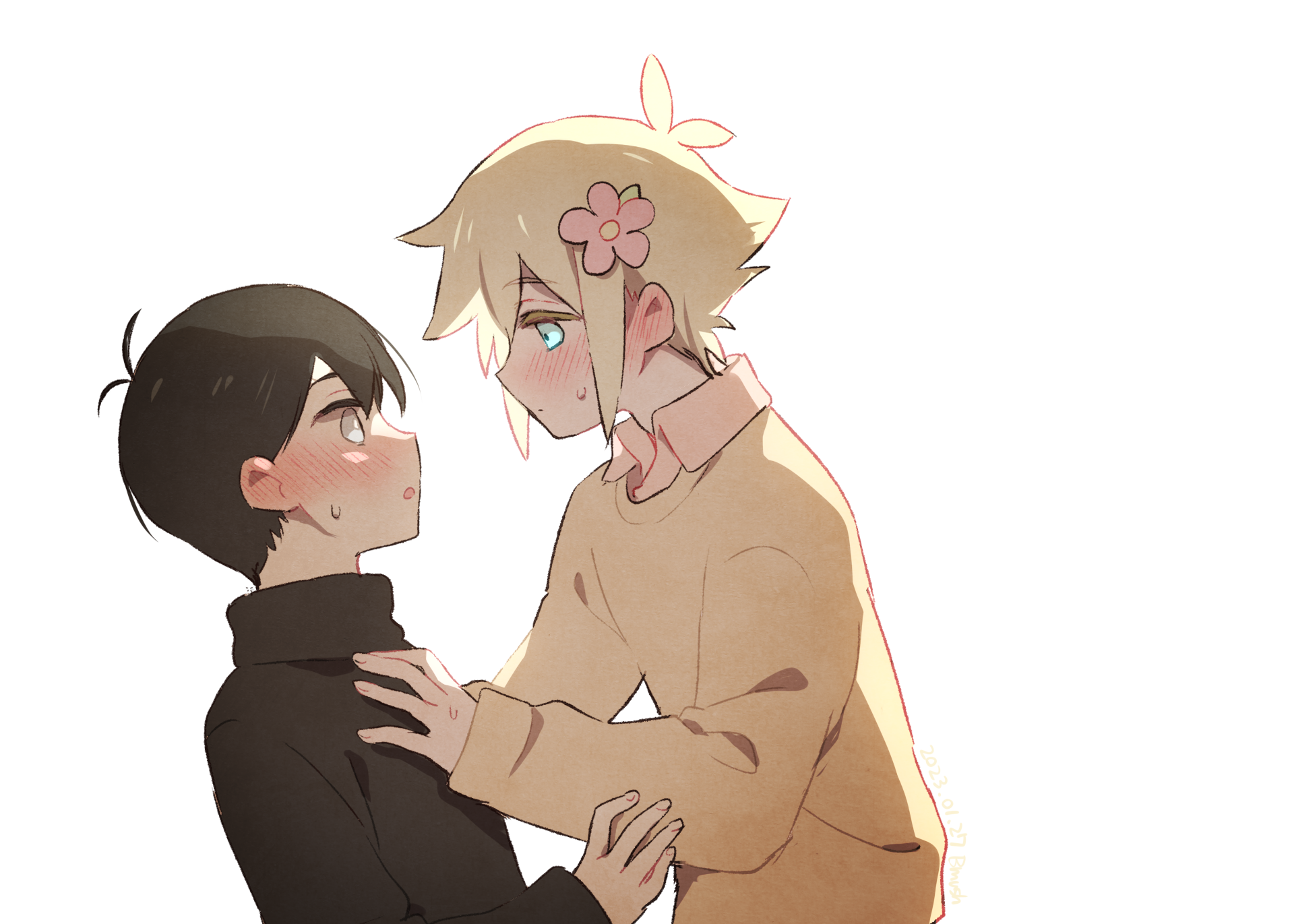 manimani (mani ma), basil (faraway) (omori), basil (omori), sunny (omori), omori, highres, spoilers, 2boys, antenna hair, black hair, black sweater, blue eyes, blush, brown sweater, closed mouth, collared shirt, flower, grey eyes, hair flower, hair ornament, looking at another, male focus, multiple boys, official alternate eye color, parted lips, shirt, simple background, sweatdrop, sweater, turtleneck, turtleneck sweater, white background, yaoi