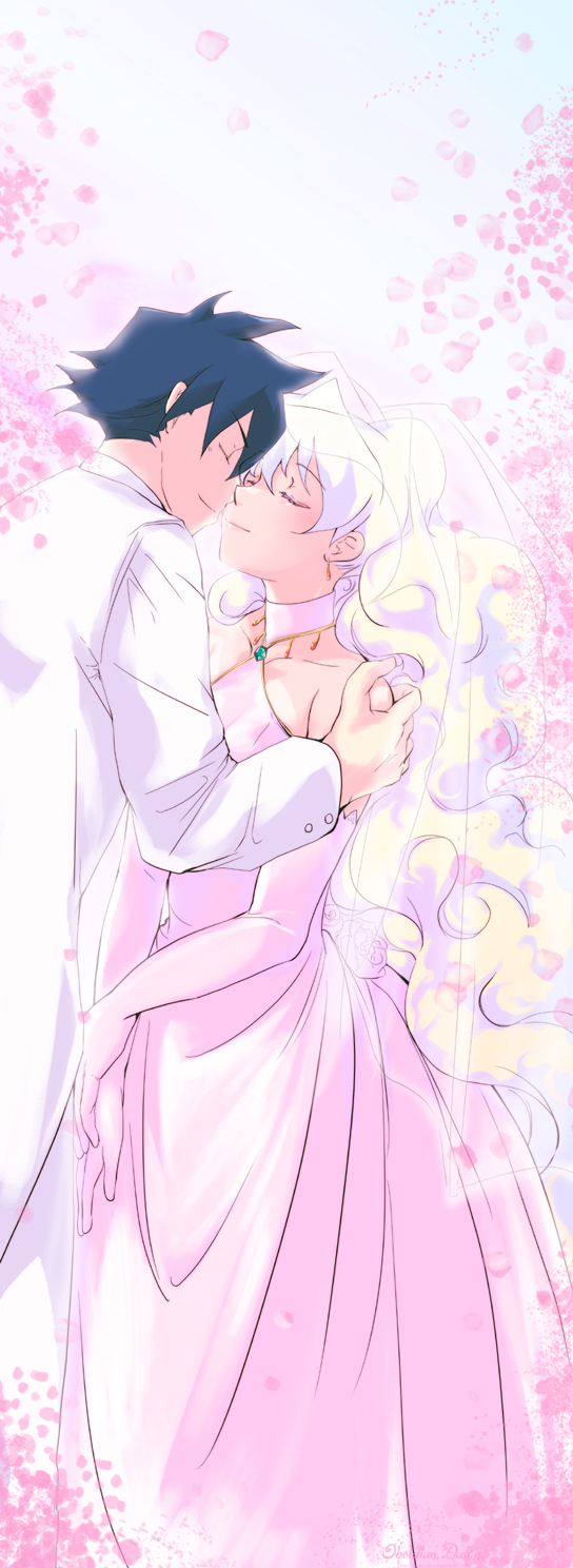 soyoking, nia teppelin, simon (ttgl), tengen toppa gurren lagann, bad id, bad pixiv id, highres, 00s, 1boy, 1girl, black hair, blush, bridal veil, bride, closed eyes, couple, dress, elbow gloves, formal clothes, gloves, hetero, long hair, suit, veil, very long hair, wedding, wedding dress, white hair