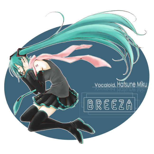 sawatari jun, hatsune miku, vocaloid, bad id, bad pixiv id, 1girl, aqua hair, character name, closed eyes, copyright name, detached sleeves, female focus, long hair, necktie, pink scarf, scarf, skirt, solo, thighhighs, twintails, very long hair, zettai ryouiki