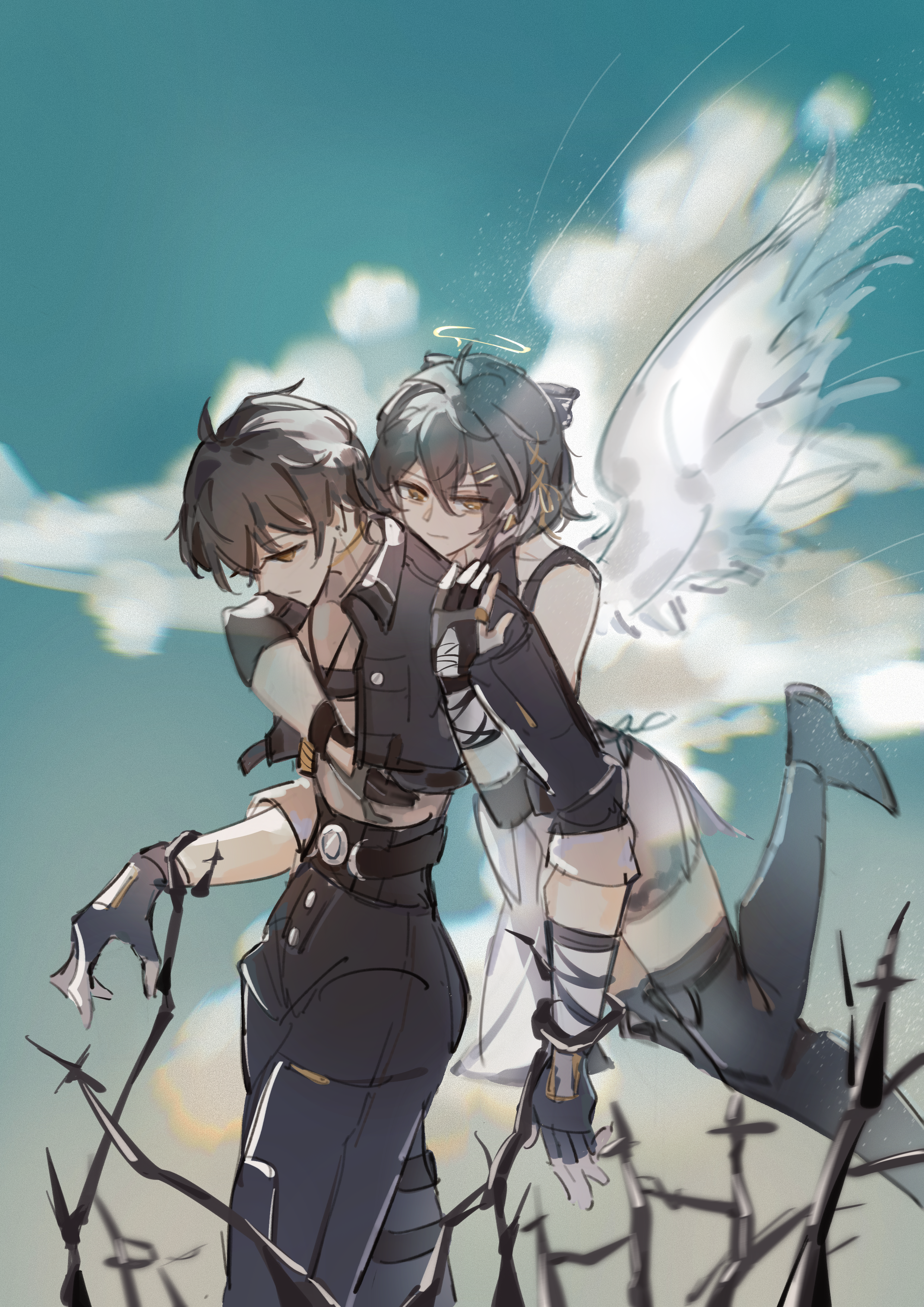 female rover (wuthering waves), male rover (wuthering waves), rover (wuthering waves), wuthering waves, absurdres, chinese commentary, commentary request, highres, 1boy, 1girl, angel, angel wings, bandaged arm, bandages, bare shoulders, black gloves, black hair, black jacket, black pants, closed mouth, dual persona, gloves, grey shirt, hair between eyes, halo, hug, hug from behind, jacket, mijiu163, outdoors, pants, shirt, thighs, wings, yellow eyes