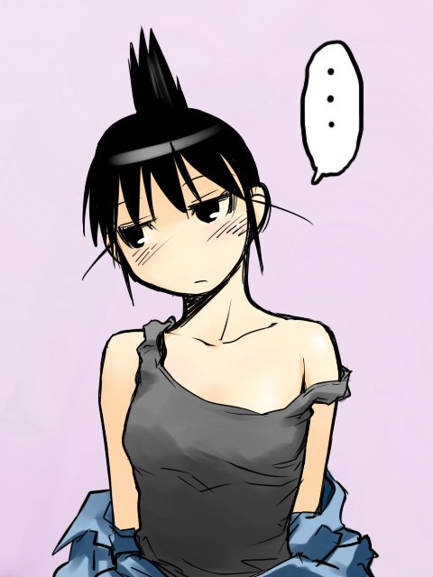 sakaki imasato, ogiue chika, genshiken, looking away, …, 00s, 1girl, bare shoulders, black hair, blush, brown eyes, collarbone, female focus, looking to the side, off shoulder, pink background, short hair, simple background, solo, speech bubble, spoken ellipsis, strap slip, tank top, topknot, undressing