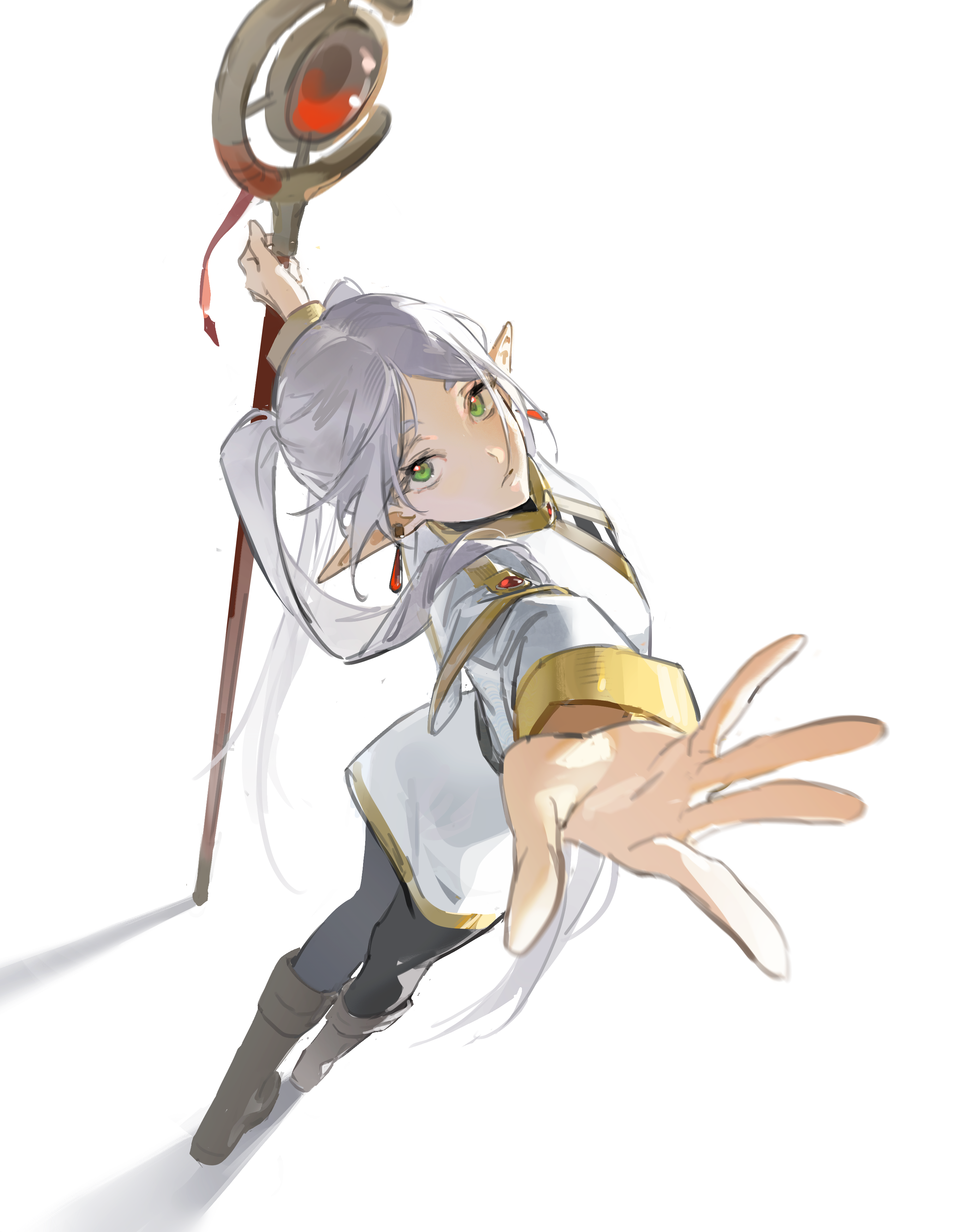 3367e, frieren, sousou no frieren, absurdres, chinese commentary, commentary request, highres, photo-referenced, 1girl, black pantyhose, boots, closed mouth, dress, earrings, elf, expressionless, foreshortening, full body, green eyes, grey hair, head tilt, holding, holding staff, jewelry, long hair, long sleeves, looking at viewer, mage staff, outstretched arm, outstretched arms, pantyhose, pointy ears, reaching, reaching towards viewer, simple background, solo, spread arms, staff, twintails, white background, white dress