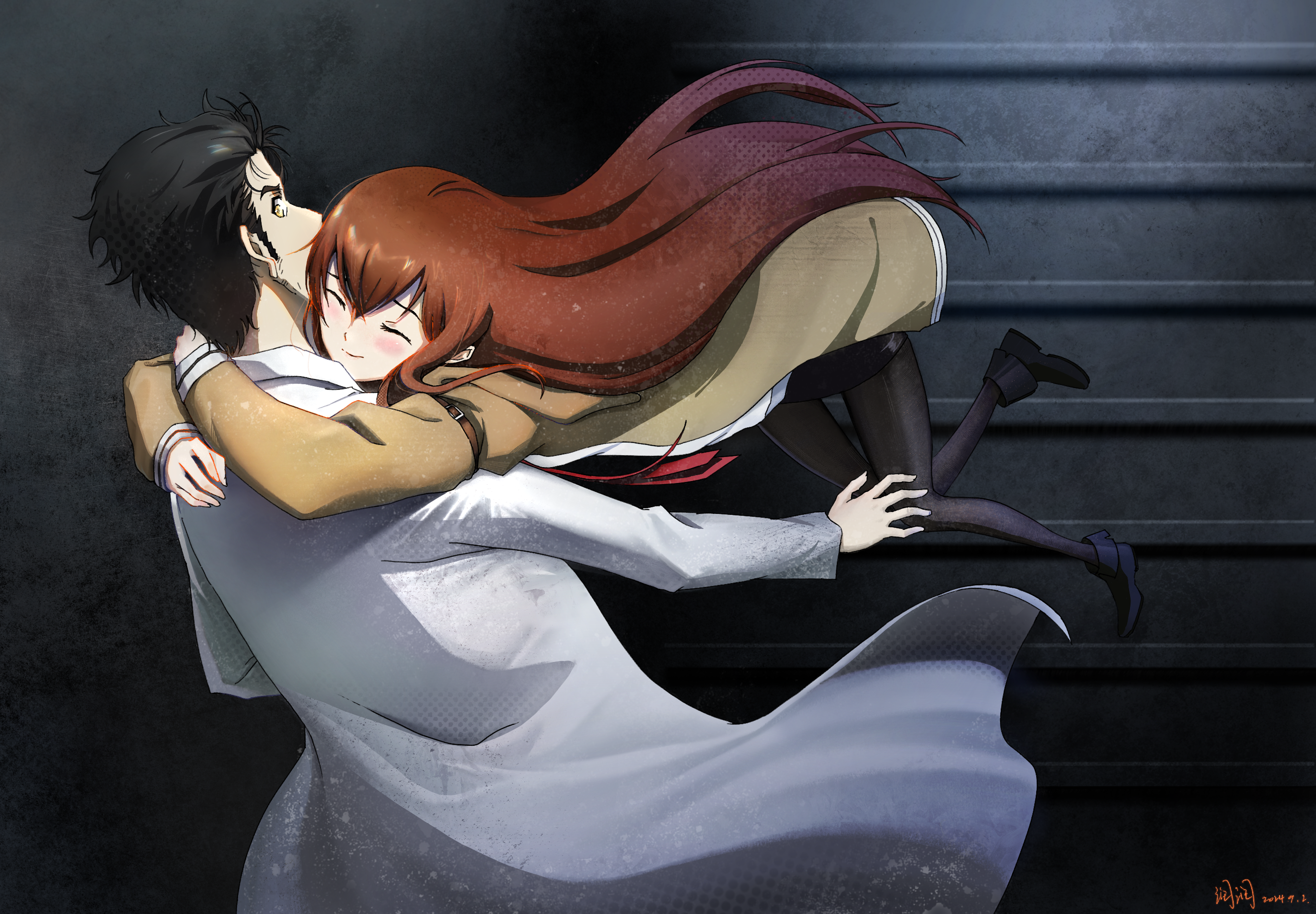 makise kurisu, okabe rintarou, science adventure, steins;gate, shiny lips, highres, 1boy, 1girl, black pantyhose, black shorts, brown hair, brown jacket, dress, facial hair, jacket, lab coat, long hair, necktie, pantyhose, pantyhose under shorts, red hair, red necktie, shirt, short hair, shorts, smile, stubble, user wkgu2277