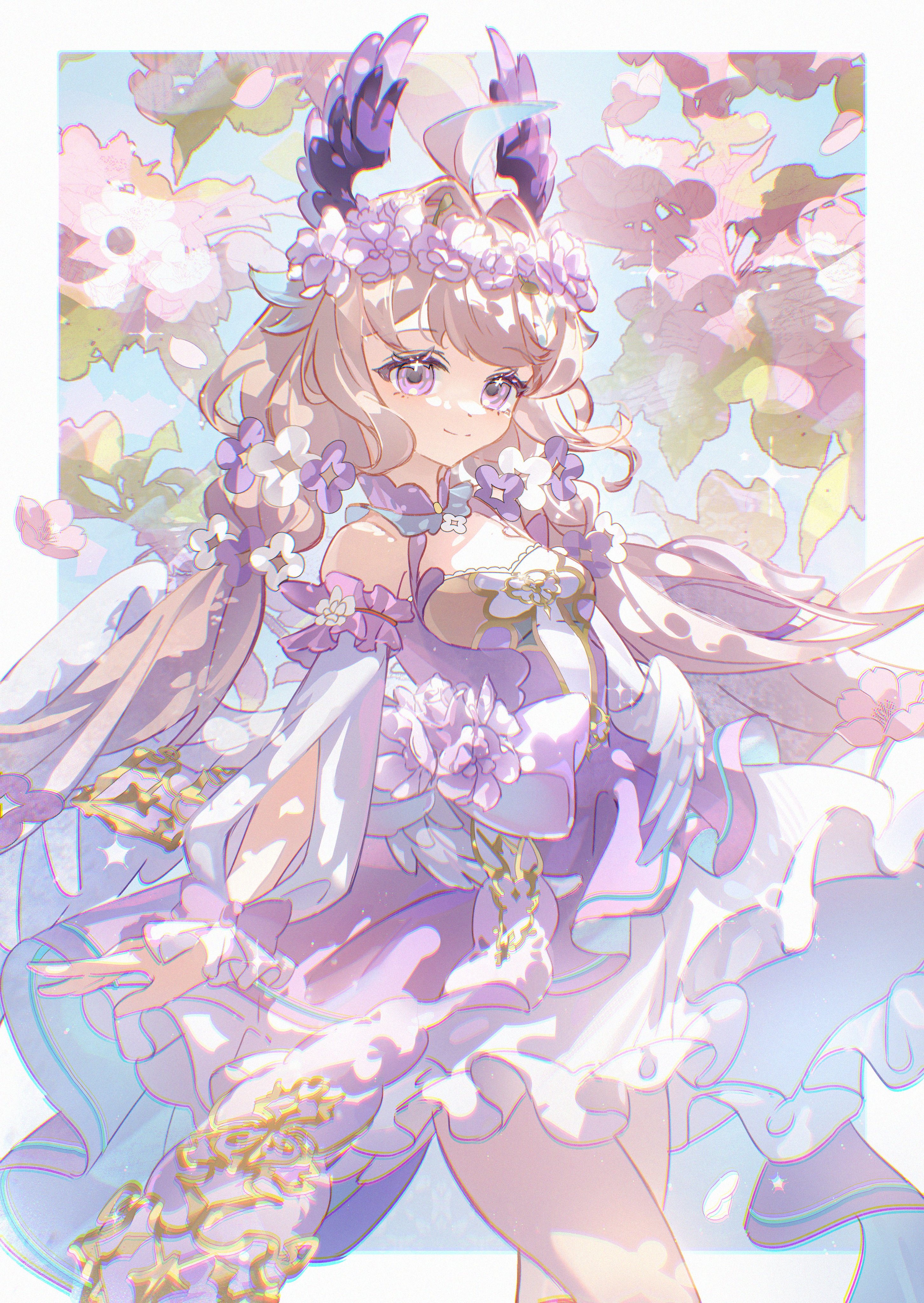 dzrzpuna2tcxcu3, enna alouette, nijisanji, nijisanji en, absurdres, highres, 1girl, ahoge, bare shoulders, bird tail, blonde hair, breasts, cowboy shot, detached sleeves, dress, flower, flower wreath, head wings, looking at viewer, low twintails, low wings, purple dress, purple eyes, sleeve slit, small breasts, smile, solo, sparkle, sparkling eyes, strapless, strapless dress, tail, thighs, twintails, virtual youtuber, wings