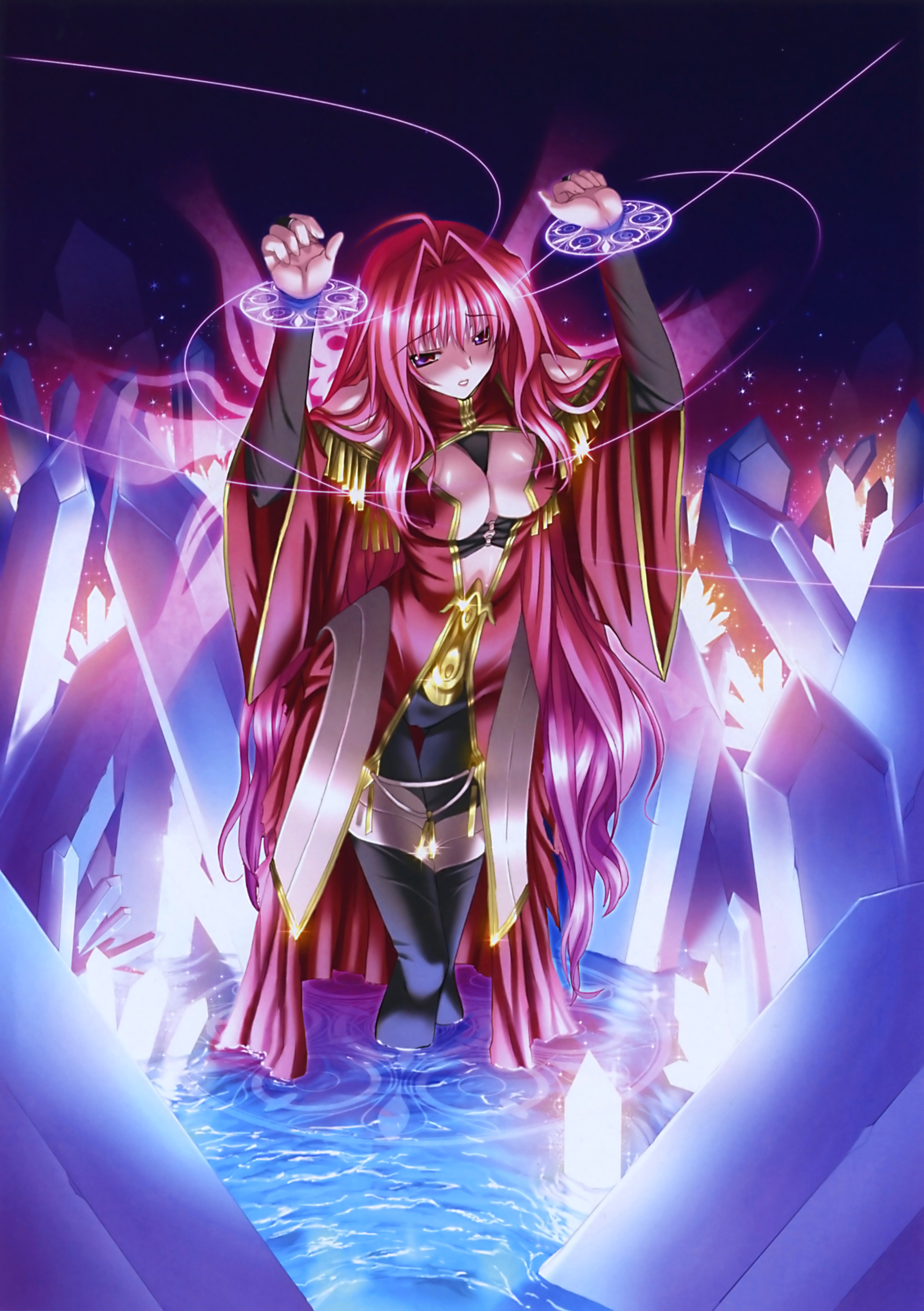 kannatsuki noboru, corticarte apa lagranges, shinkyoku soukai polyphonica, absurdres, highres, official art, 00s, 1girl, ahoge, arms up, bdsm, blush, bondage, bound, breasts, bridal gauntlets, cleavage, cleavage cutout, clothing cutout, crystal, dress, embarrassed, female focus, glowing, hair intakes, large breasts, long hair, magic, magic circle, mature female, no bra, purple eyes, red eyes, red hair, solo, standing, very long hair, wading, water, wet, wet clothes