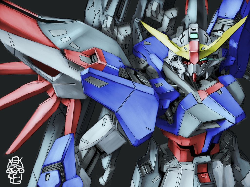 tro (trombe), destiny gundam, gundam, gundam seed, gundam seed destiny, bad id, 00s, armor, black background, blue eyes, glowing, glowing eye, looking at viewer, mecha, no humans, one-eyed, robot, simple background, solo