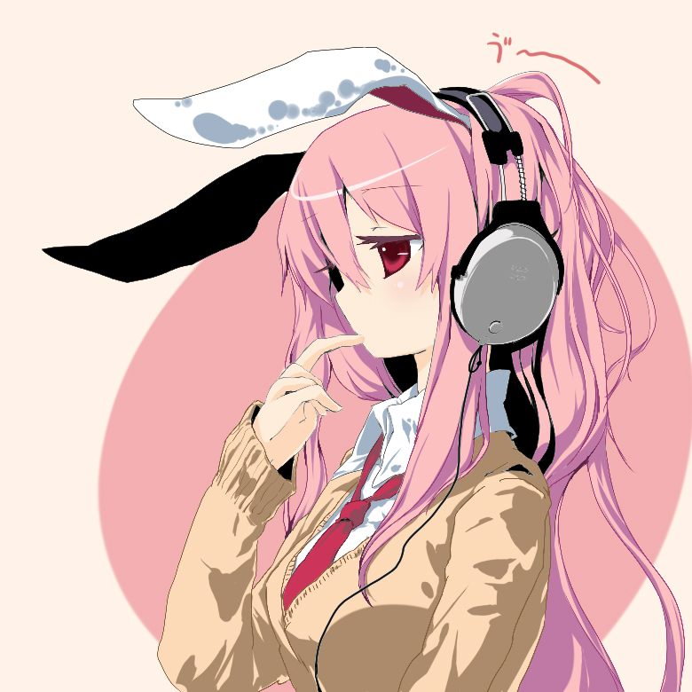 azuma seiji, mahan (clock hearts), reisen udongein inaba, touhou, colorized, 1girl, alphes (style), animal ears, blush, female focus, headphones, long hair, parody, pink hair, rabbit ears, red eyes, solo, style parody, sweater
