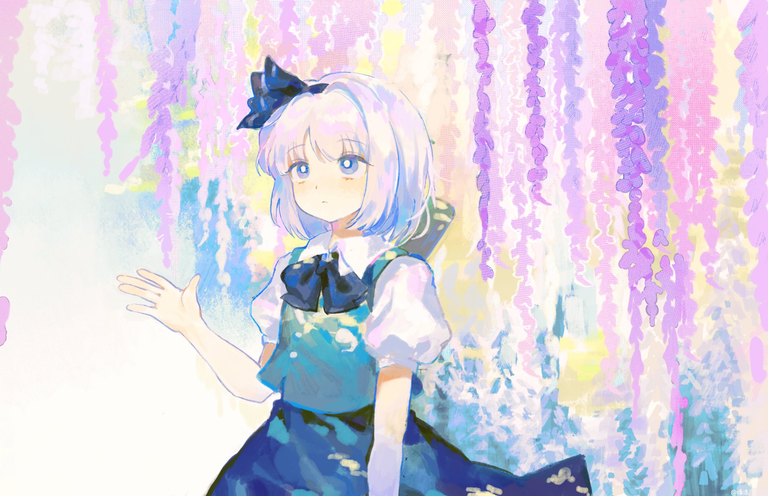 youshouhaoxianzhe, konpaku youmu, touhou, commentary, highres, revision, 1girl, ascot, black bow, black bowtie, black hairband, bow, bowtie, collared shirt, flower, green skirt, green vest, grey hair, hair intakes, hairband, looking up, medium hair, puffy short sleeves, puffy sleeves, purple eyes, shirt, short sleeves, skirt, skirt set, solo, vest, white shirt, wisteria