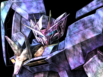 tro (trombe), 00 gundam, gundam, gundam 00, bad id, bad pixiv id, lowres, 00s, black background, dark, glowing, mecha, no humans, robot, solo
