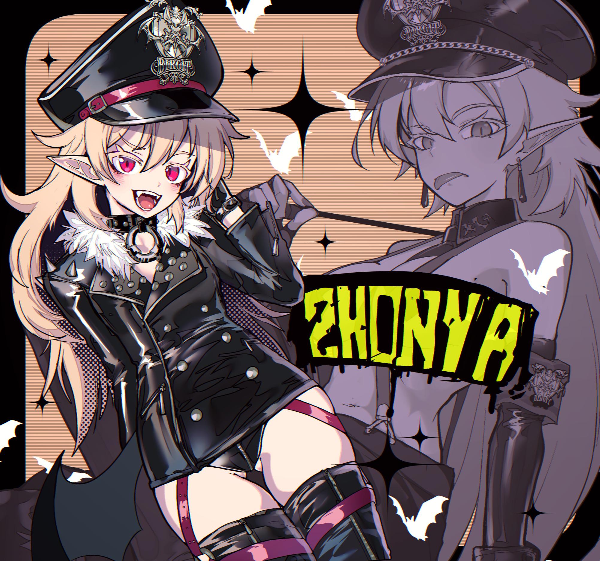ryuu tou, original, highres, 1girl, :d, bat wings, black gloves, black jacket, black thighhighs, blonde hair, collar, colored eyelashes, earrings, fingerless gloves, fur trim, gloves, hat, jacket, jewelry, leather, leather jacket, long hair, looking at viewer, low wings, military hat, open mouth, peaked cap, pointy ears, red eyes, shoulder spikes, smile, spikes, suspenders, thighhighs, tongue, tongue out, vampire, wings