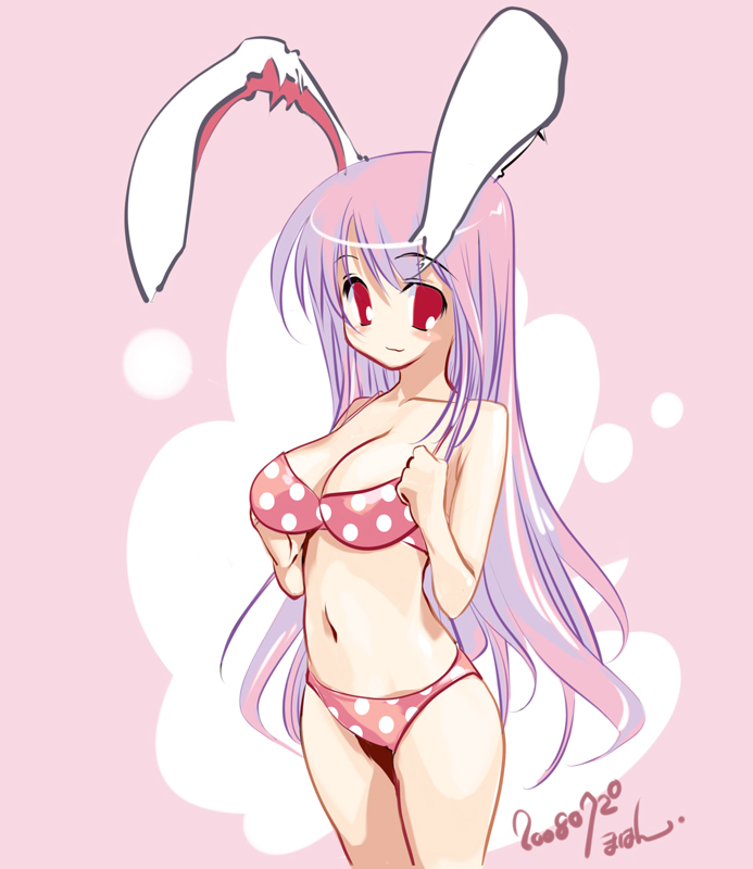 mahan (clock hearts), reisen udongein inaba, touhou, 1girl, :3, animal ears, bikini, blush, breasts, cleavage, female focus, long hair, pink bikini, pink hair, purple hair, rabbit ears, red eyes, smile, solo, swimsuit