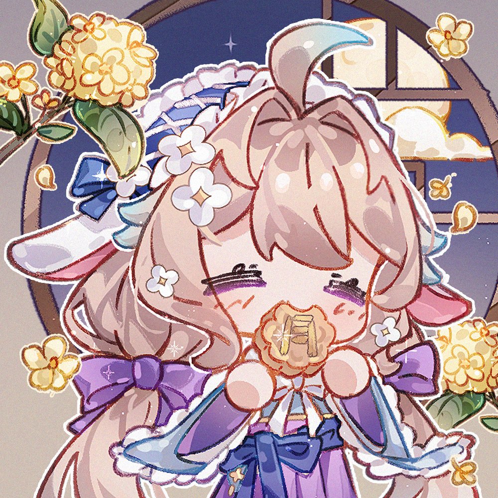 dzrzpuna2tcxcu3, enna alouette, nijisanji, nijisanji en, 1girl, ahoge, animal ears, blush, bow, chibi, chinese clothes, closed eyes, eating, flower, hair bow, hair intakes, hanfu, lop rabbit ears, maid headdress, mooncake, rabbit ears, solo, virtual youtuber
