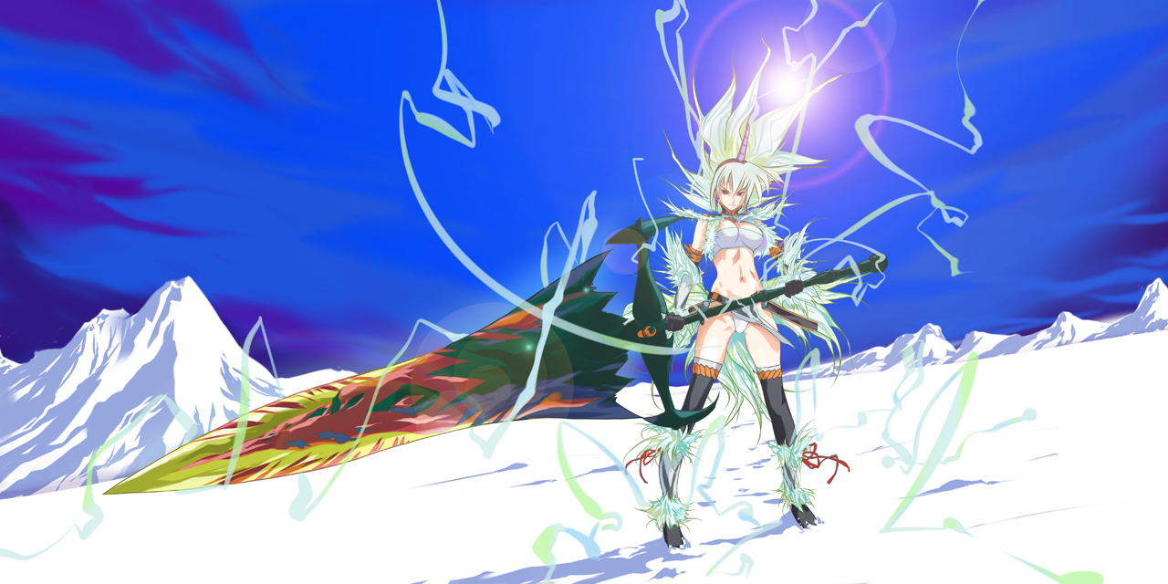 mahan (clock hearts), kirin (monster hunter), capcom, monster hunter (series), 1girl, aura, bandeau, elbow gloves, female focus, gloves, horns, huge weapon, kirin (armor), mountain, panties, single horn, snow, solo, strapless, sword, thighhighs, tube top, underwear, weapon